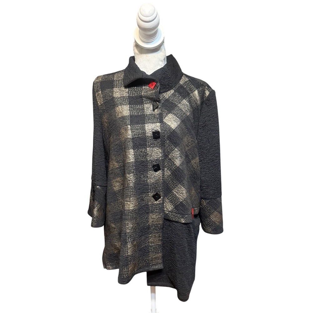 IC By Connie K Jacket Womens Large Black Gold Plaid Textured Button Swing Coat